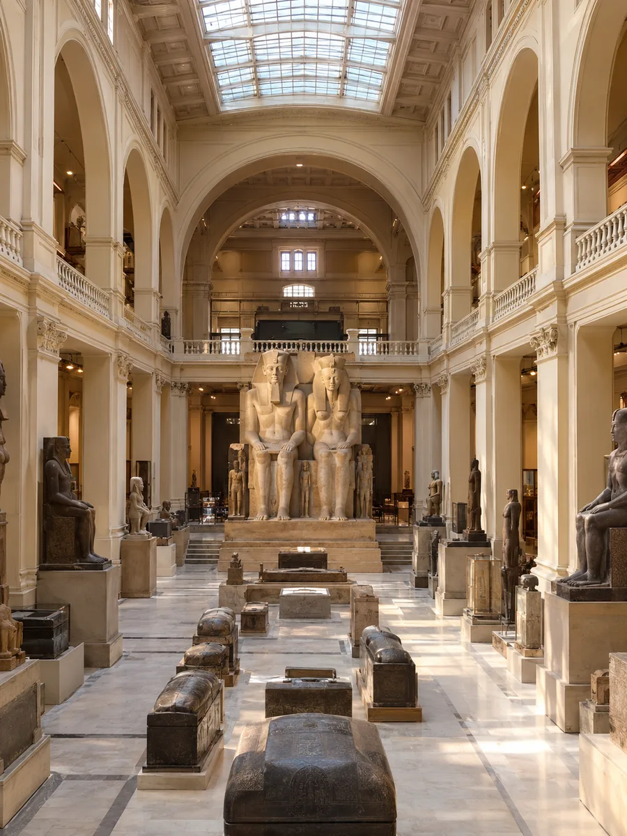 L'atrium central du Musée égyptien avec un couple royal colossal assis sous la verrière