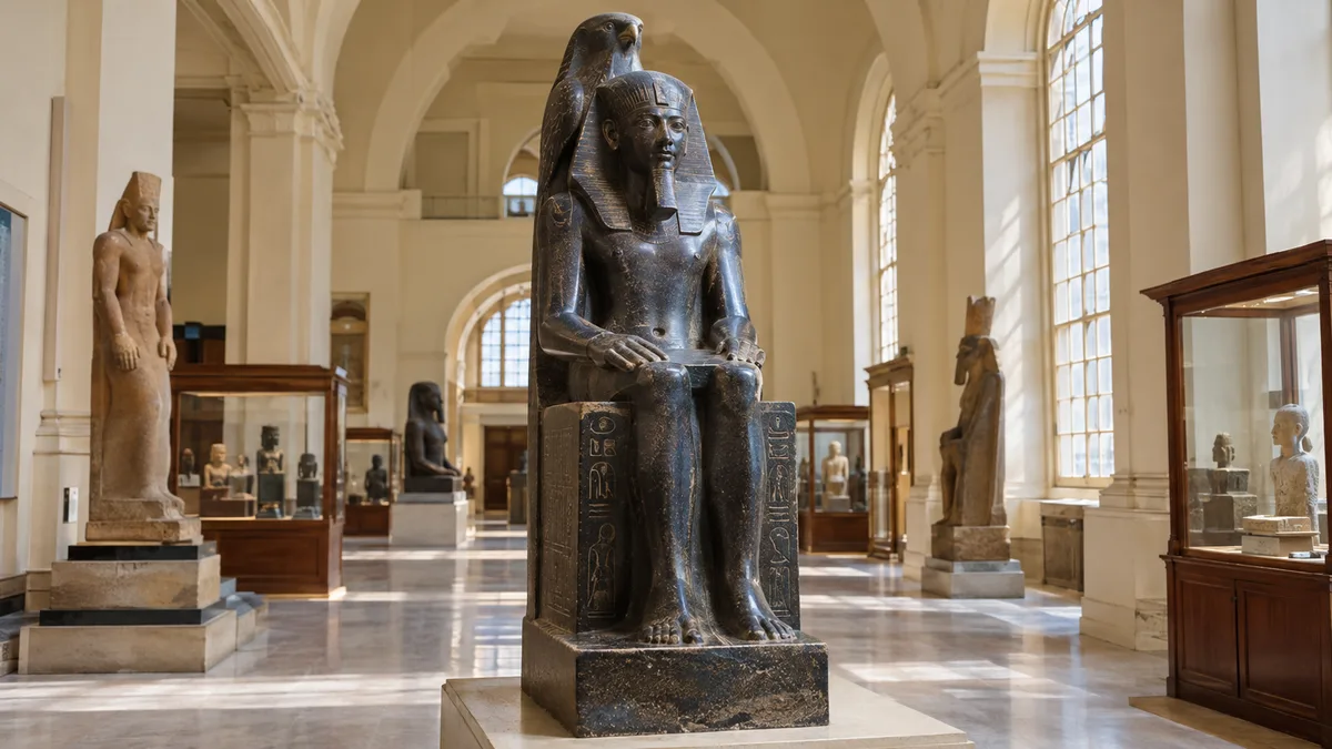 Une statue assise en pierre sombre d'un pharaon dans une galerie lumineuse aux fenêtres en arc